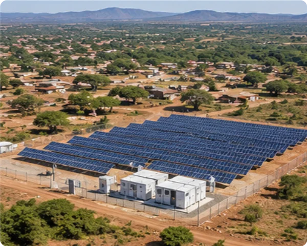 Large solar photovoltaic array with electrical equipment enclosures beside a rural community settlement in an African landscape.