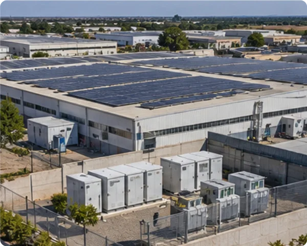 Industrial facility with extensive rooftop solar PV panels and ground-level electrical power cabinets inside a secured equipment compound.