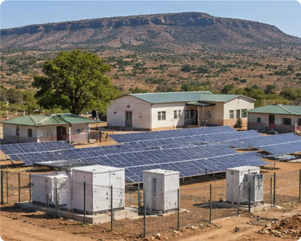 Ground-mounted solar PV array with electrical equipment enclosures serving a rural healthcare-style facility in a remote landscape.