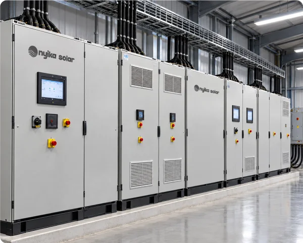 Nyika Solar industrial electrical control room featuring multiple switchgear cabinets, monitoring displays and overhead cable management.