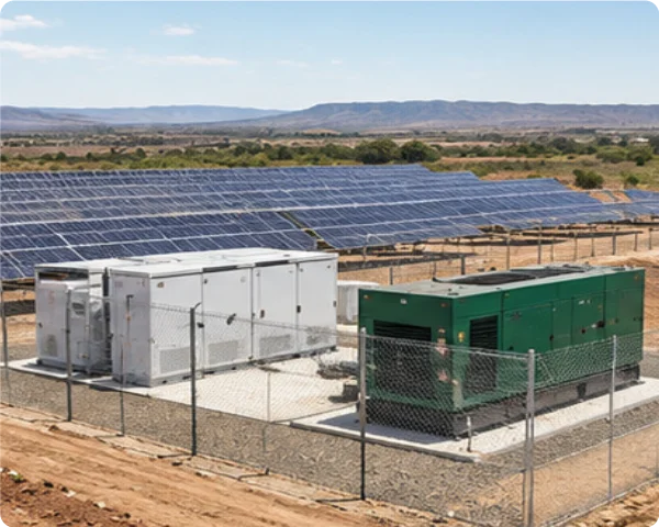 Ground-mounted solar photovoltaic array with adjacent electrical equipment and backup generator infrastructure inside a fenced compound.