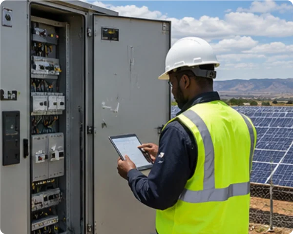 Technician inspecting electrical control equipment using a tablet beside an outdoor solar microgrid installation.