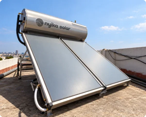 Nyika Solar solar water heating system with two inclined flat-plate collectors and a horizontal stainless steel hot water storage tank mounted on a flat roof.