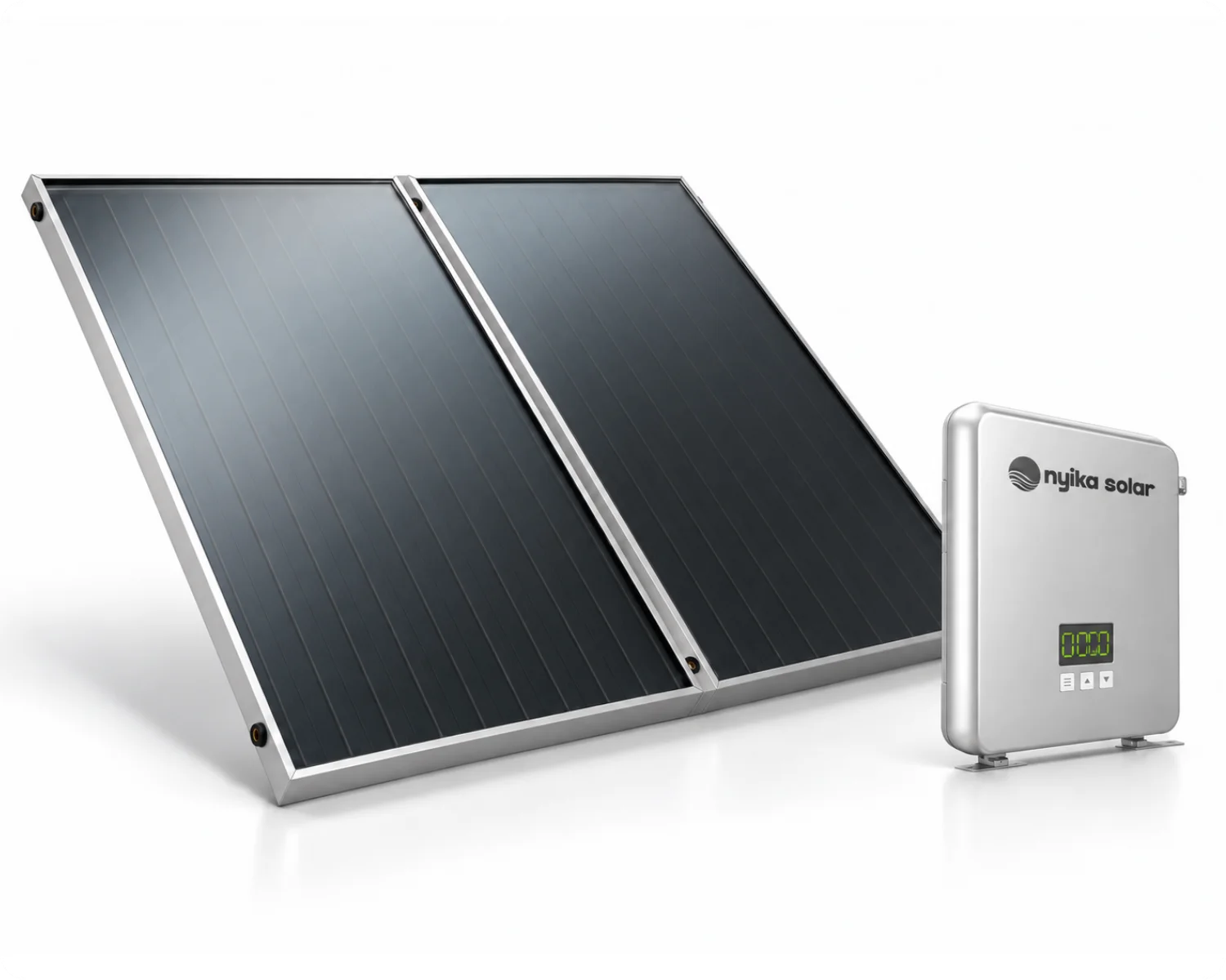 Two Nyika Solar flat-plate solar thermal collectors with aluminium frames and an electronic solar water heating control unit.