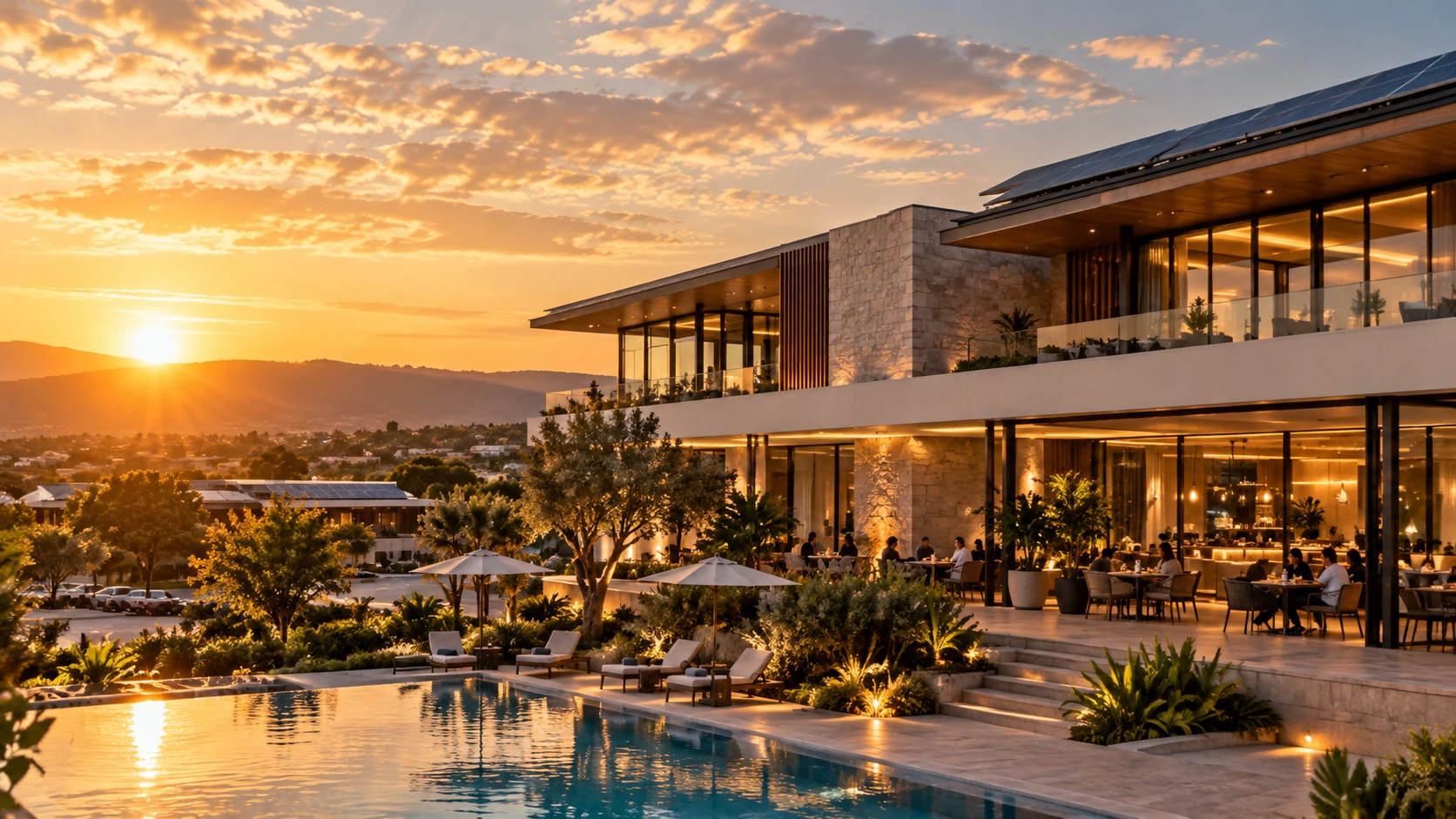 Modern hospitality property with solar power supporting commercial energy requirements