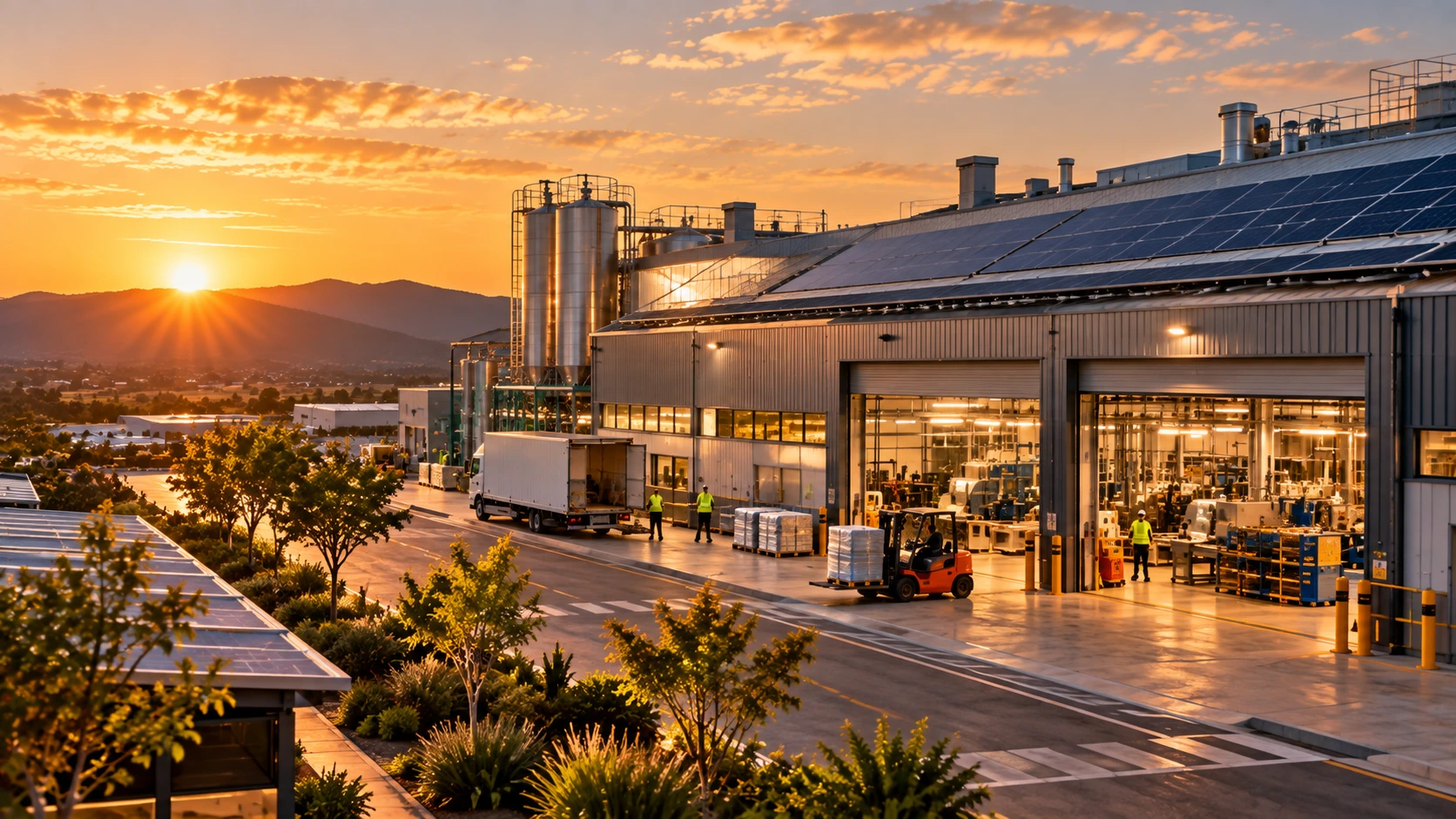 Industrial facility with rooftop solar power supporting manufacturing and operational energy requirements