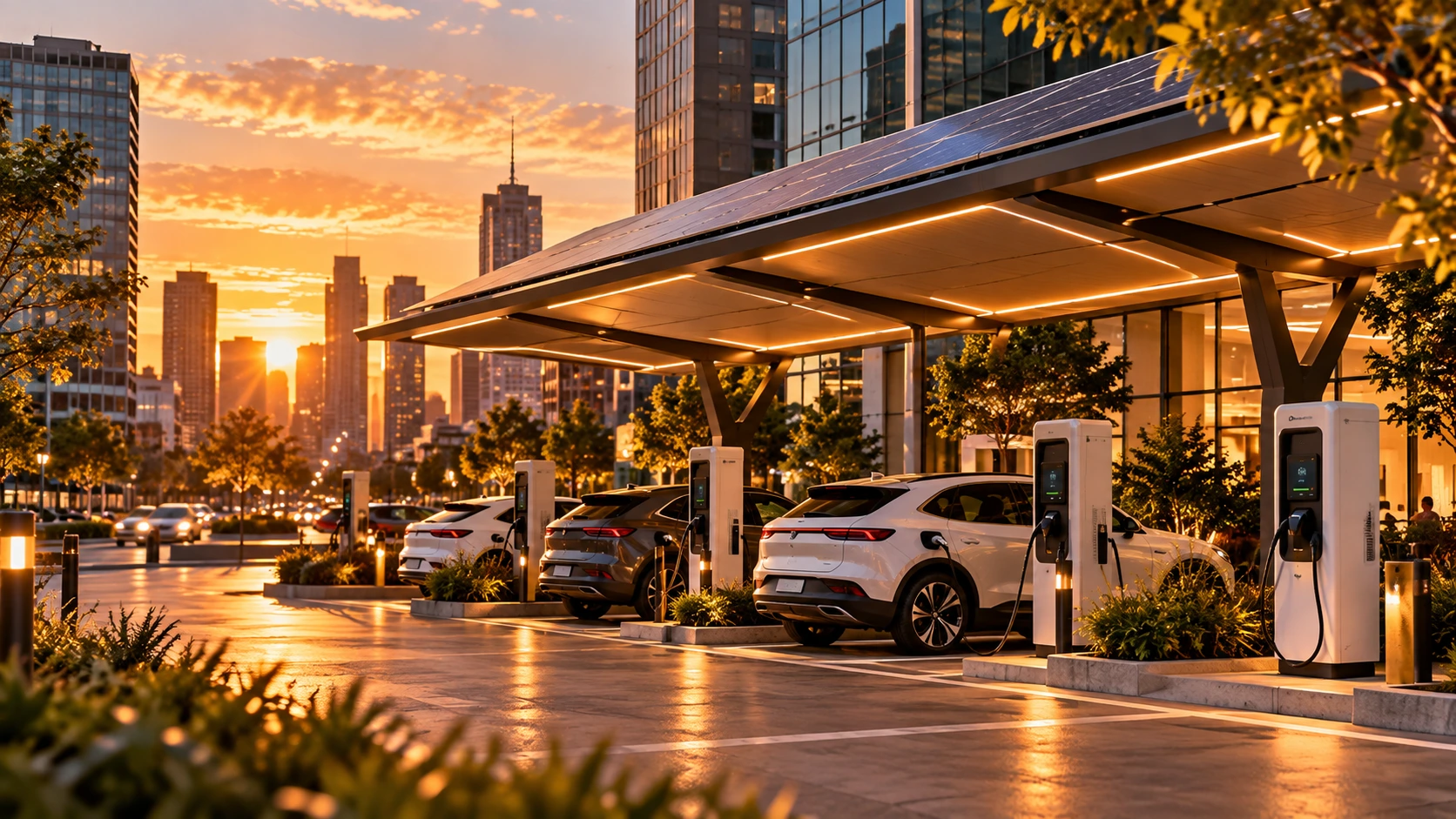 Electric vehicles charging beneath a solar carport at a commercial EV charging station