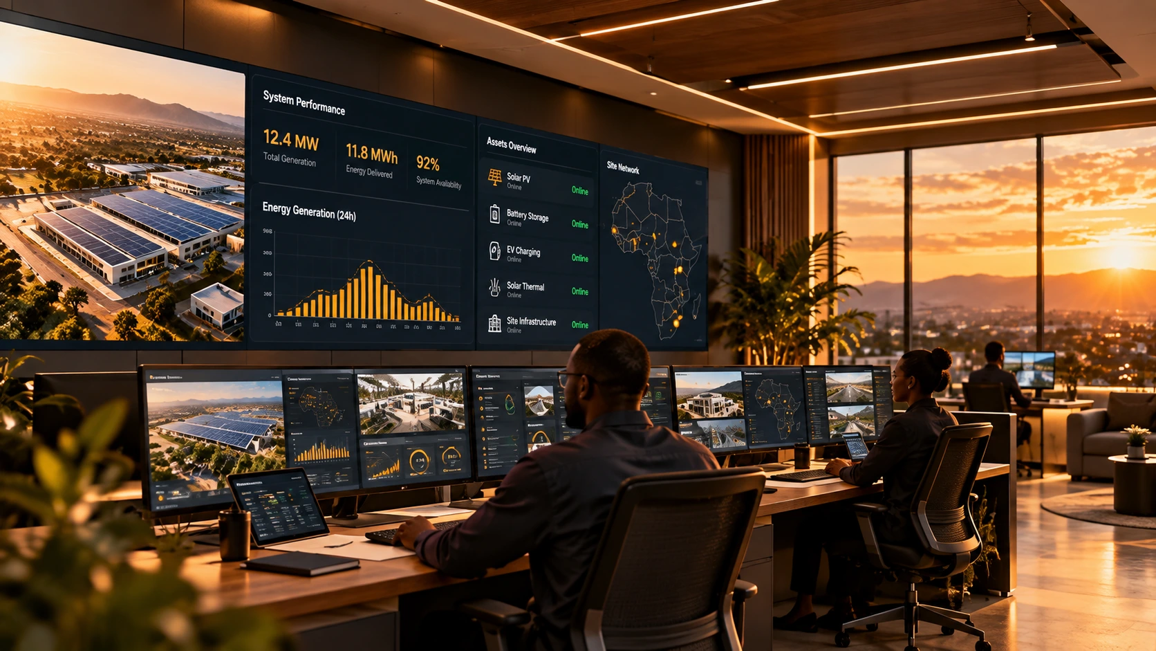 Energy control room monitoring solar power, battery storage, EV charging and system performance