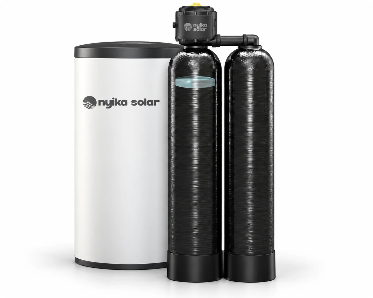 Nyika Solar water treatment equipment featuring dual filtration vessels, an automated control valve and an insulated storage tank.