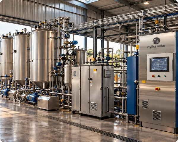 Interior bioenergy processing facility with stainless steel vessels, pumps, electrical control cabinets and overhead pipework.