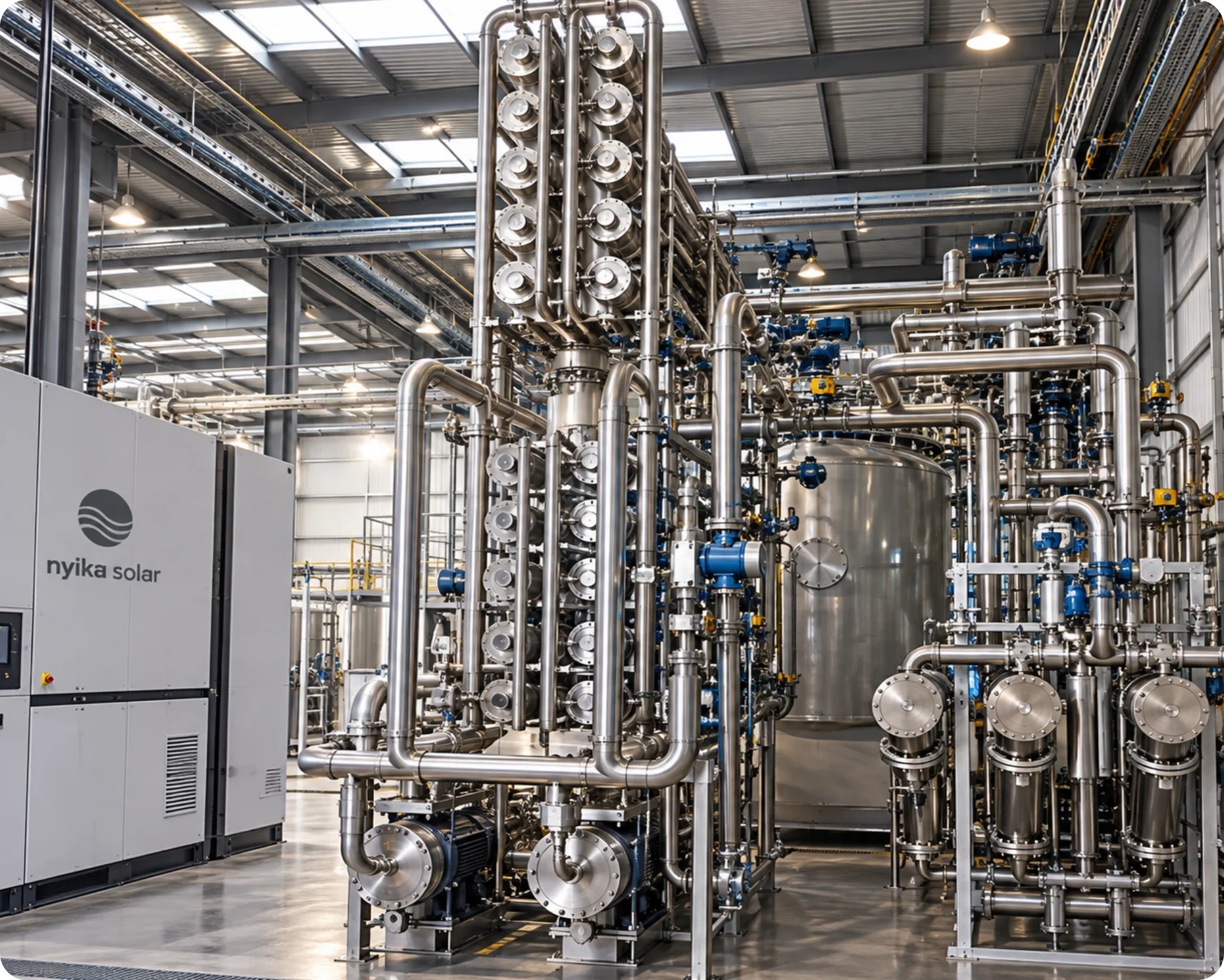 Industrial bioenergy processing equipment with stainless steel pipe assemblies, pumps, valves, tanks and a Nyika Solar-branded control cabinet.
