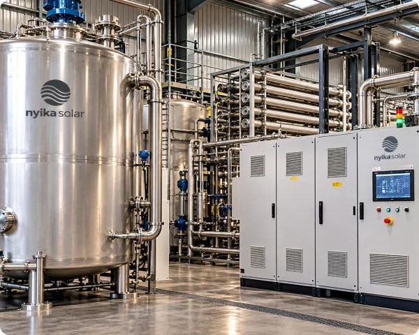 Stainless steel biogas processing vessel and pipework beside Nyika Solar-branded electrical control cabinets in an industrial facility.