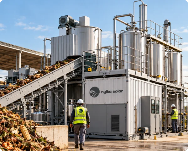 Organic food and agricultural waste fed by an inclined conveyor into a Nyika Solar-branded processing facility with stainless steel tanks.