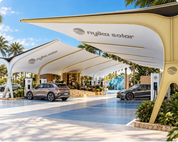 Nyika Solar-branded EV charging stations beneath architectural canopies at a premium hospitality and destination charging facility.