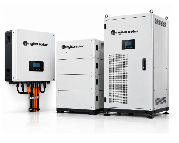 Illustrative white battery modules, hybrid inverter and floor-standing energy storage cabinet arranged on a white background.