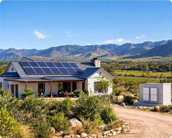 Modern rural home with solar photovoltaic panels on a pitched roof overlooking open countryside and mountains.