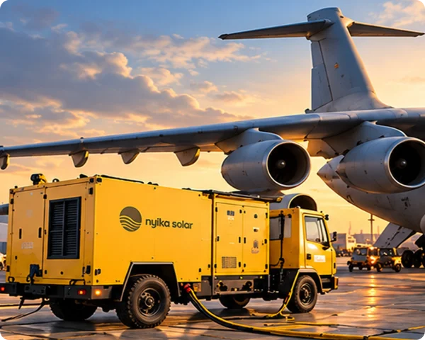 Yellow Nyika Solar mobile ground power truck positioned beside a large aircraft on an airport apron at sunset.