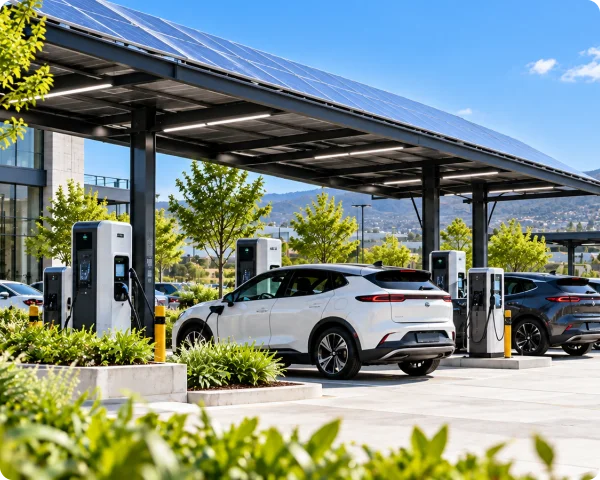 Commercial solar carport with photovoltaic roof panels, multiple EV charging stations and electric vehicles at a landscaped parking facility