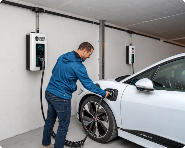 Driver connecting an electric vehicle to a Nyika Solar wall-mounted EV charger in a covered commercial parking facility.