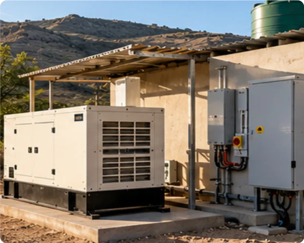 Stationary generator positioned beside an electrical control cabinet at a remote utility installation.