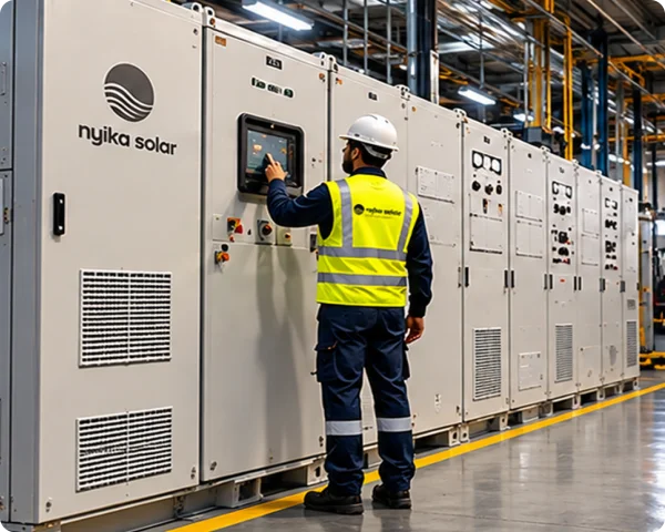 Technician operating a Nyika Solar branded industrial electrical control cabinet in a manufacturing facility.