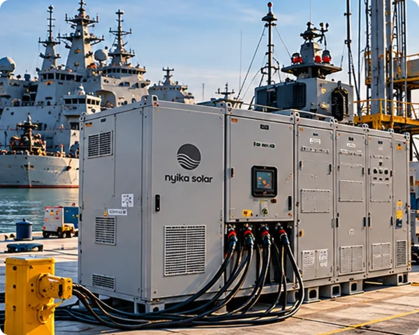 Nyika Solar branded shore power and critical electrical supply cabinets connected at a maritime dock with naval vessels behind.