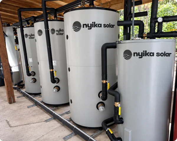 Multiple Nyika Solar insulated hot water storage cylinders with connected pipework and valves inside a commercial thermal storage facility.