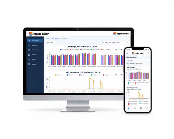 Desktop and mobile energy management dashboards displaying battery cell voltage, temperature trends and system performance analytics.
