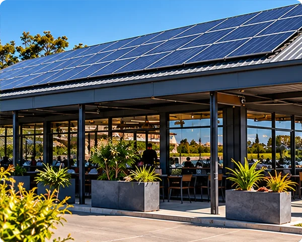 Solar panels installed across the roof of a glass-fronted hospitality venue with outdoor seating and planters.