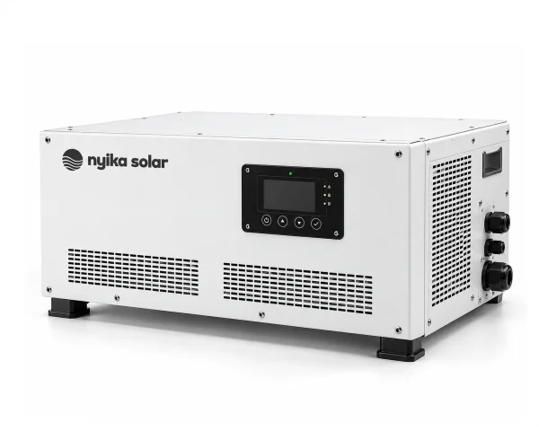 Compact white tabletop solar inverter with a black digital display, ventilation grilles and Nyika Solar branding.