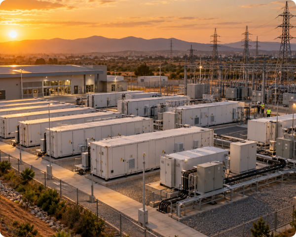 Large-scale containerised battery energy storage facility with electrical substations and grid infrastructure at sunset.