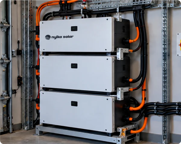 Three stacked white battery storage units with Nyika Solar branding and orange electrical cabling in an energy room.