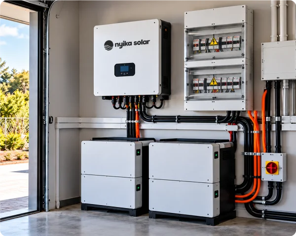 White Nyika Solar-branded hybrid inverter installed above battery storage units alongside electrical distribution equipment.