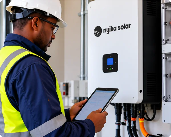 Technician in protective workwear inspecting a white Nyika Solar-branded inverter and electrical distribution board using a tablet.