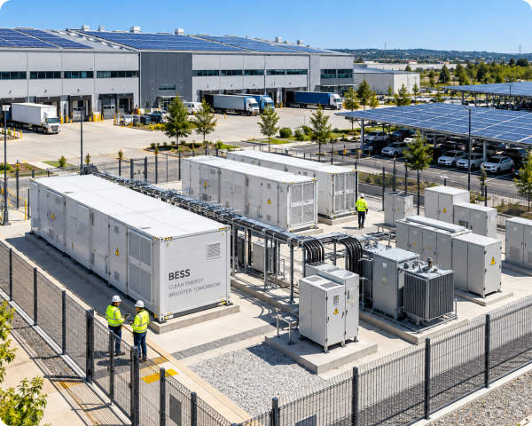 Containerised battery energy storage systems installed alongside a solar-powered industrial warehouse and logistics facility.
