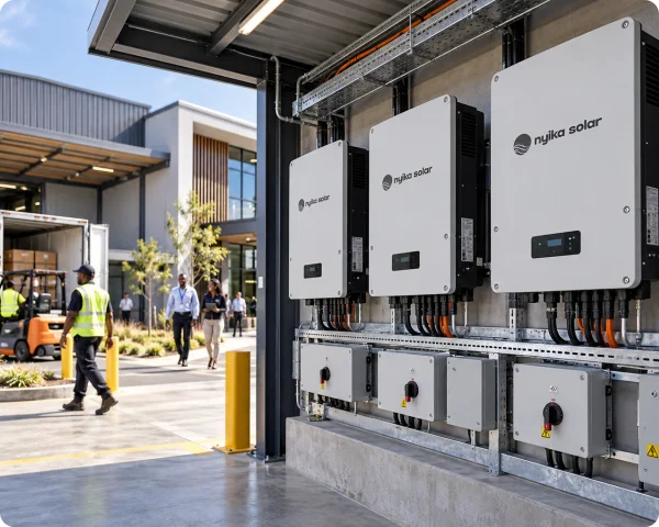 Commercial inverter and energy management installation at an industrial logistics facility with warehouse operations in the background.