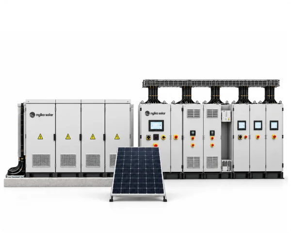 Nyika Solar industrial solar equipment display showing two front-facing power cabinet systems with a solar panel on a white background.