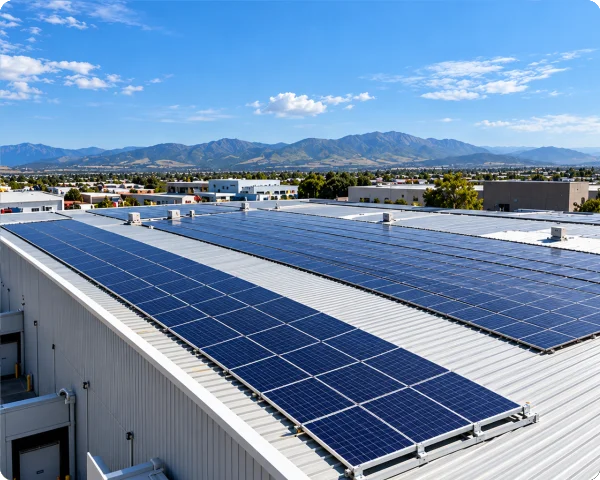 Industrial warehouse with extensive photovoltaic arrays mounted on a large corrugated metal roof.