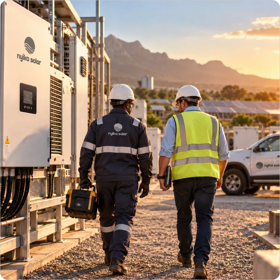 Two technical personnel inspecting solar energy equipment at an outdoor facility with Nyika Solar-branded electrical cabinets.