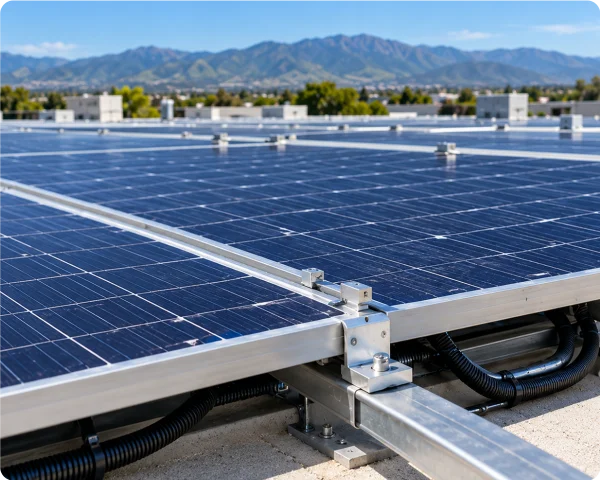 Close-up of photovoltaic solar modules secured to metal mounting rails with cable conduits beneath the panels.
