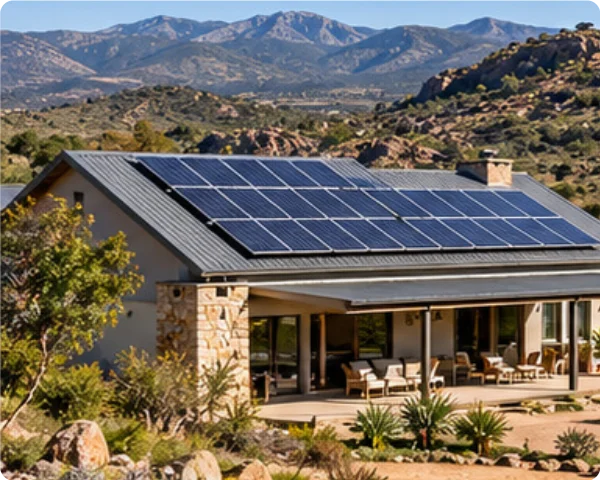 Modern rural home with solar photovoltaic panels on a pitched roof overlooking open countryside and mountains.