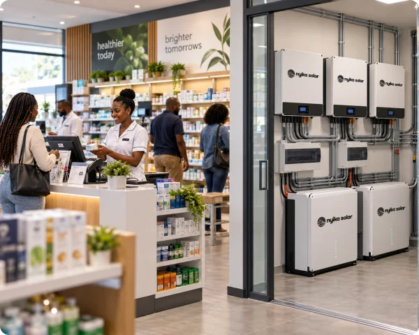 Commercial battery storage and inverter installation supporting daily retail operations in a modern health and wellness store.