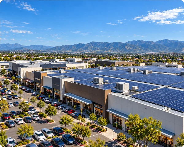 Large retail complex with solar photovoltaic panels covering extensive sections of its rooftop.