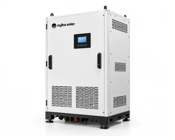 Tall white standalone solar power-conditioning cabinet with control display, ventilation grilles and Nyika Solar branding.