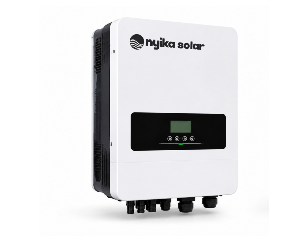 White wall-mounted hybrid solar inverter with black Nyika Solar branding, integrated control display and bottom cable connectors.