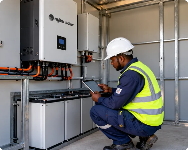 Technician in a hard hat and high-visibility vest reviewing tablet data beside off-grid inverter equipment.