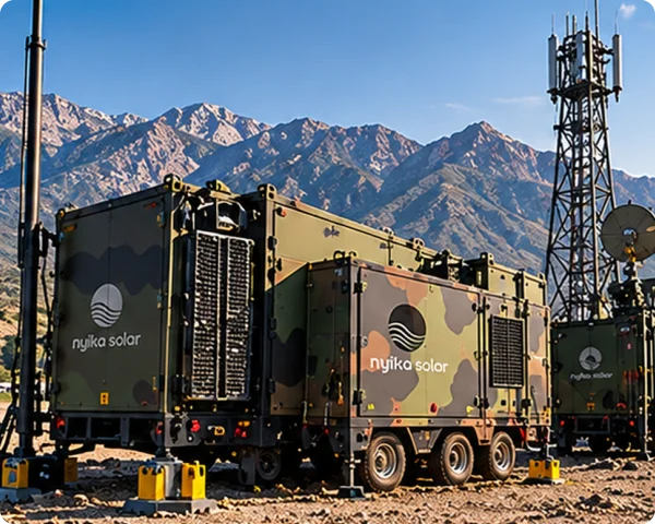 Camouflaged Nyika Solar mobile power equipment deployed at a remote communications site with mountains in the background.