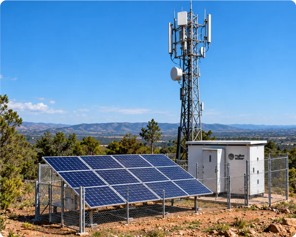 Remote telecommunications tower beside a ground-mounted photovoltaic array and fenced equipment cabinets.