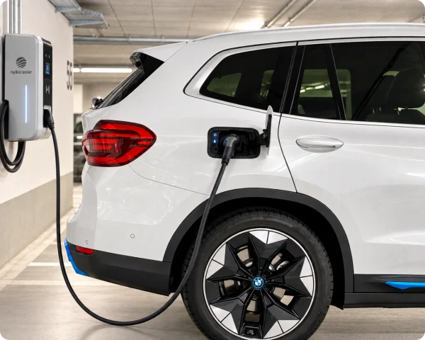 White electric SUV connected to a Nyika Solar wall-mounted charging unit in an indoor parking garage.
