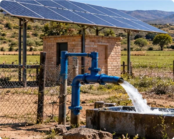 Ground-mounted photovoltaic panels installed beside an agricultural water pumping outlet in a rural field.